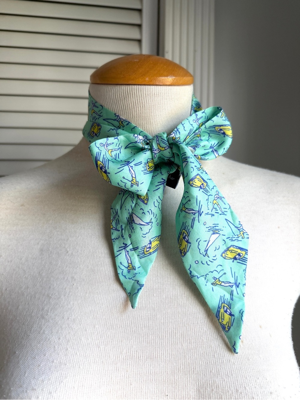⛳️ Echo Silk Preppy Aqua Teal Blue Ribbon Scarf Golf Convertible Car Sailboat